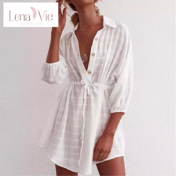 Lena Vie | Sheer Cotton White Plaid Sexy Shirt Dress, Cover-up Sundress - Picture 12 of 15